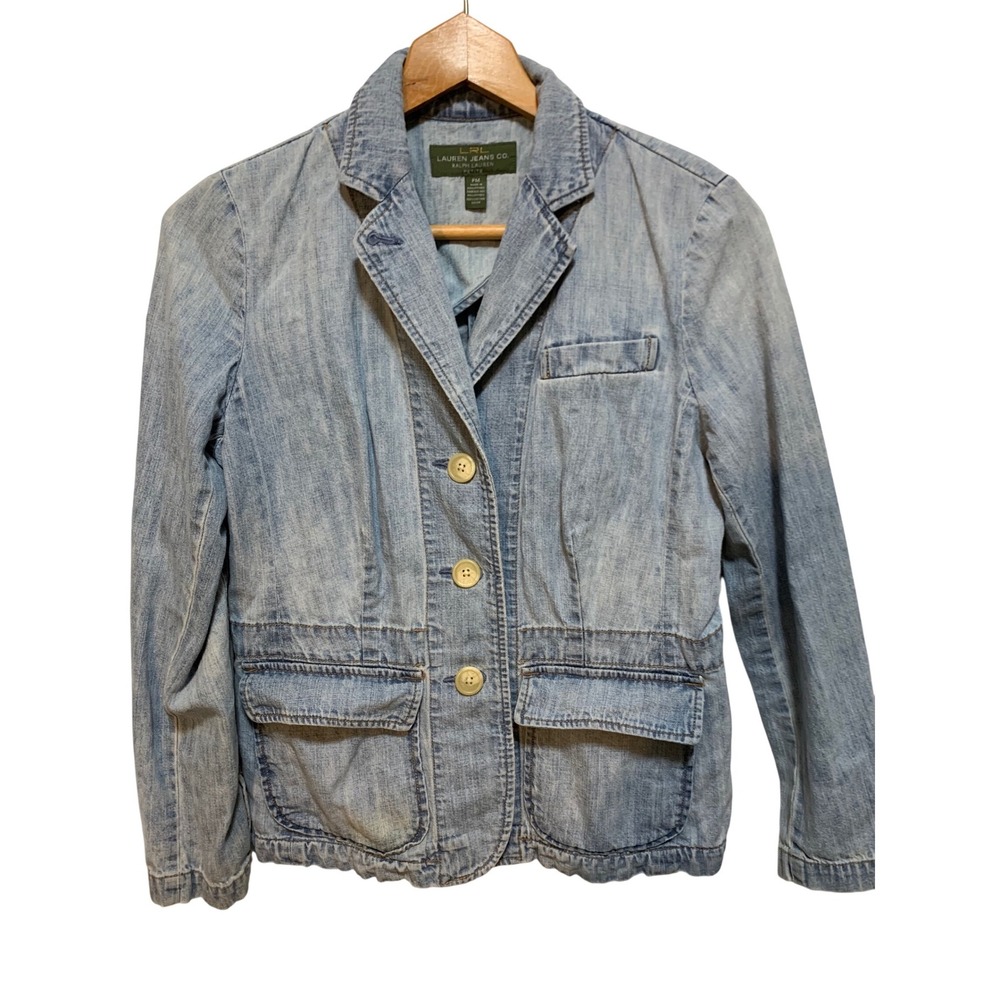 VTG Lauren Jeans Co. Ralph Lauren cotton denim blazer Jacket PM boho cottagecore - Picture 1 of 10